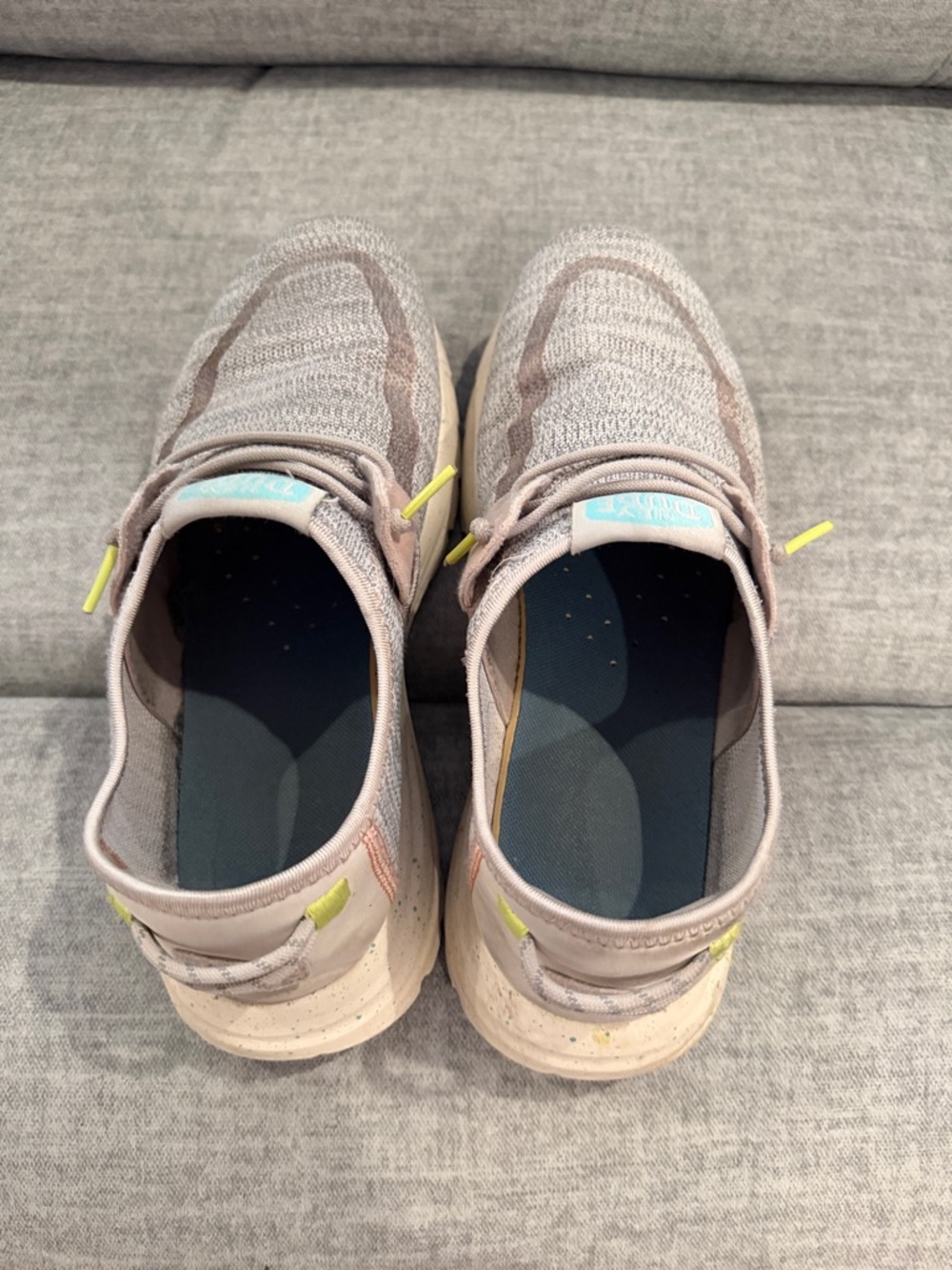 Hey Dude Beige Knit Casual Slip-On Sneakers with Lime Accents